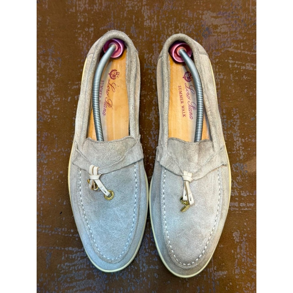 Loro Piana Summer Walk Suede Loafers Light Grey Sand Gold Charms Italy 40 H18068